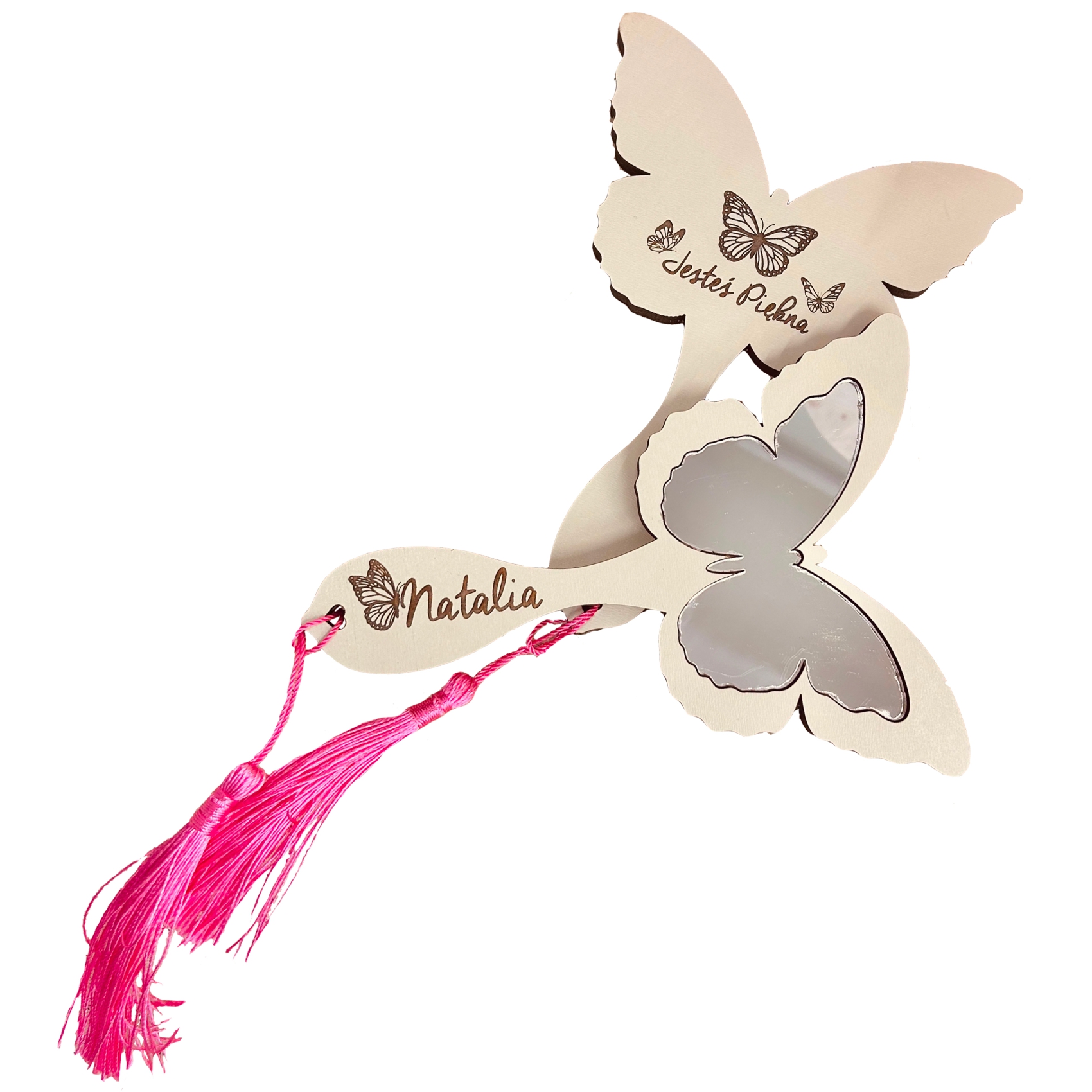 Kremowe lusterko w kształcie motylka z różowym frędzelkiem