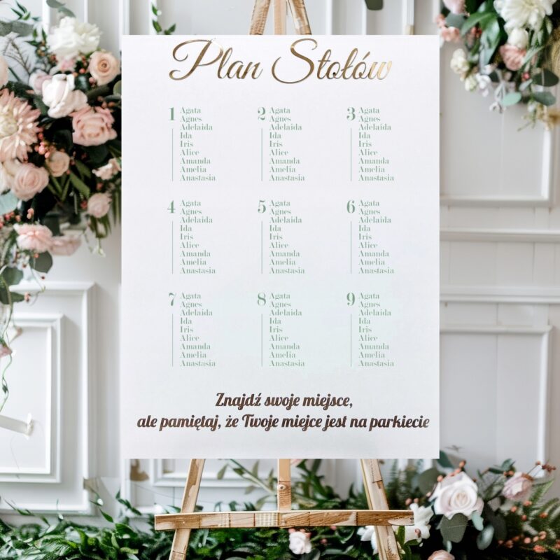 PLAN STOŁÓW TABLICA POWITALNA ŚLUB WESELE 75x55 cm BIAŁY ZŁOTY XL