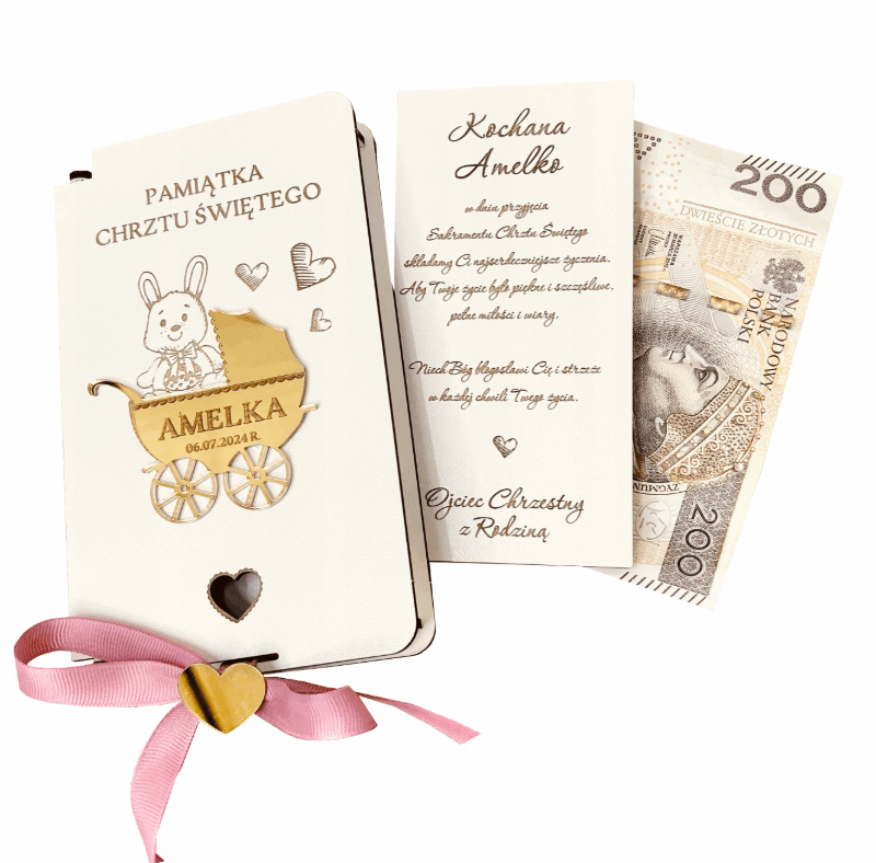 PUDEŁKO NA PIENIĄDZE NA CHRZEST ŚWIĘTY Z IMIENIEM GRAWER PAMIĄTKA CHRZTU