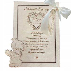 Pamiątka Chrztu Świętego z sklejki z beżową kokardą.