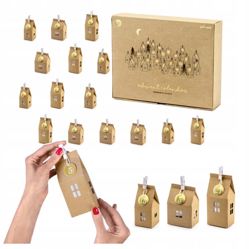 KALENDARZ ADWENTOWY 24 SZT. DOMKI Z PAPIERU BOHO KRAFT MIX DIY ŚWIĘTA