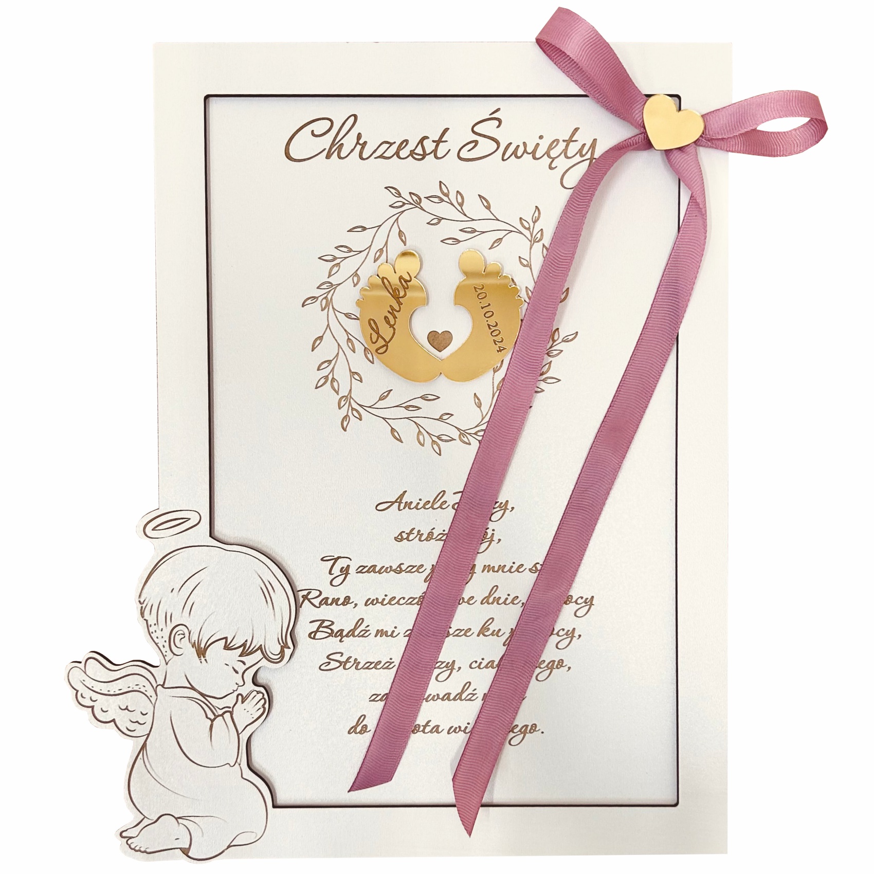 Biały obrazek z aniołkiem i złotymi stópkami