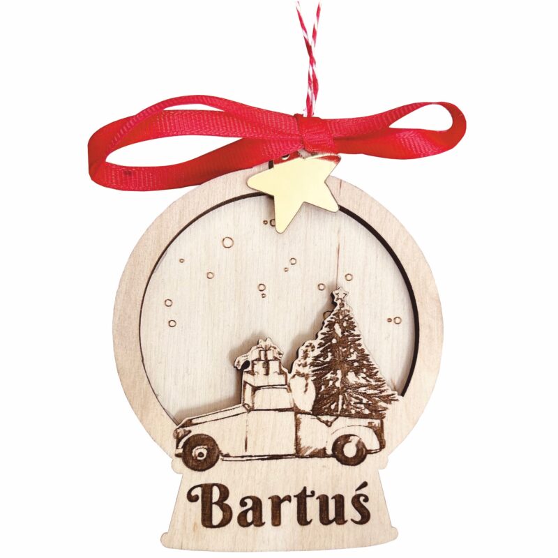 Drewniana okrągła bombka z autem