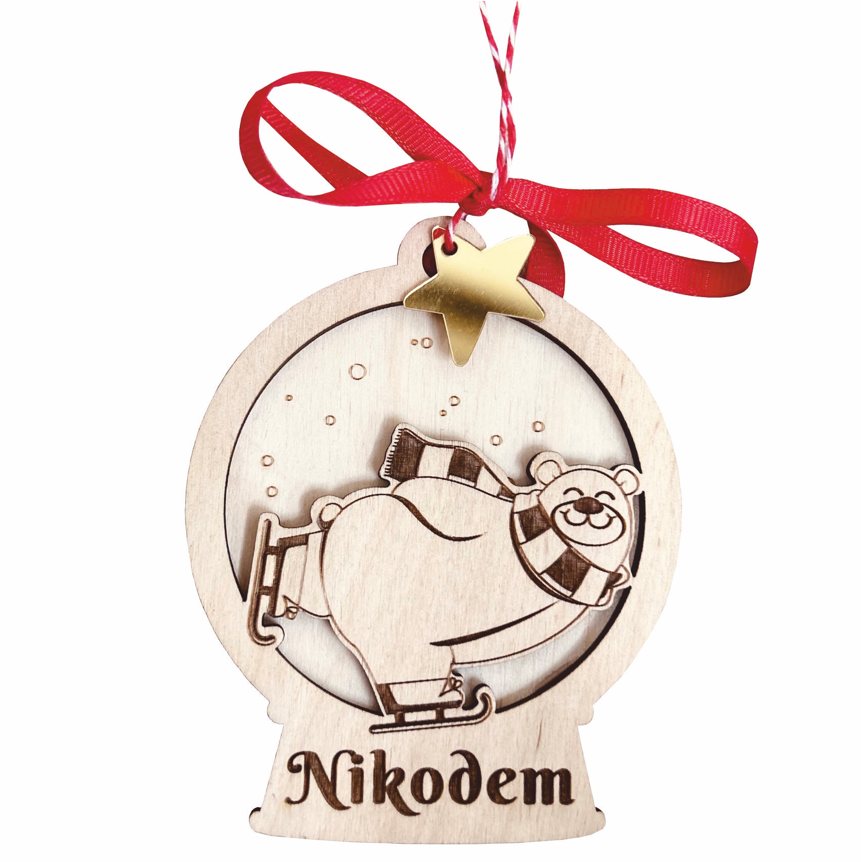 Drewniana okrągła bombka z misiem