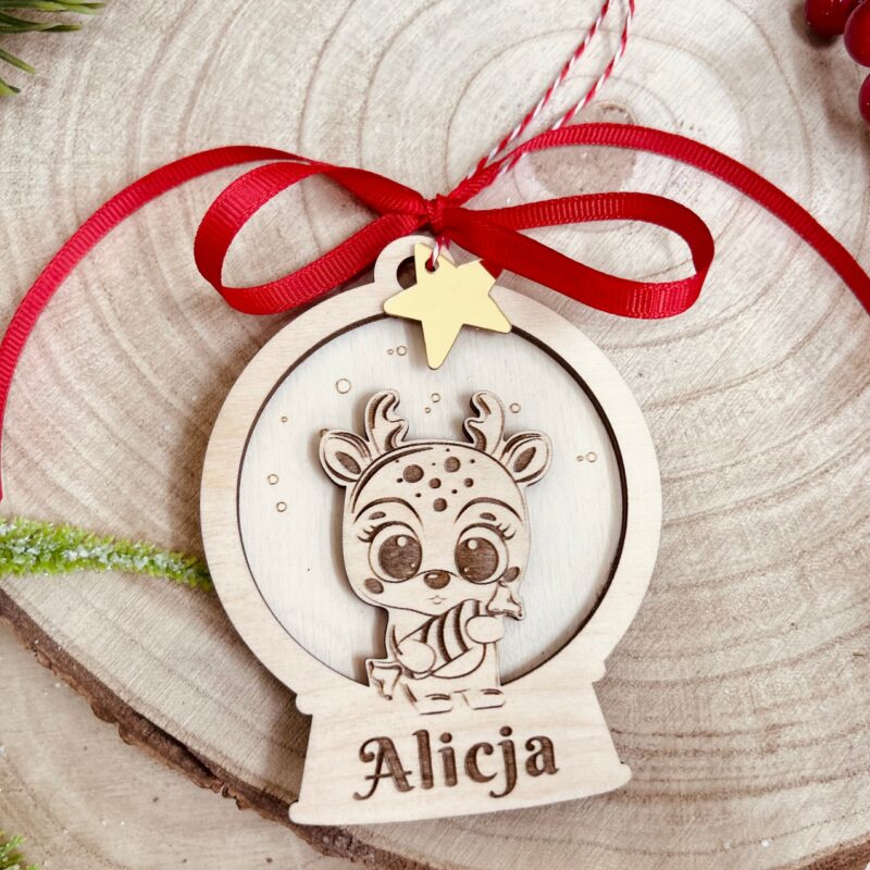 1s Drewniana okrągła bombka z jelonkiem