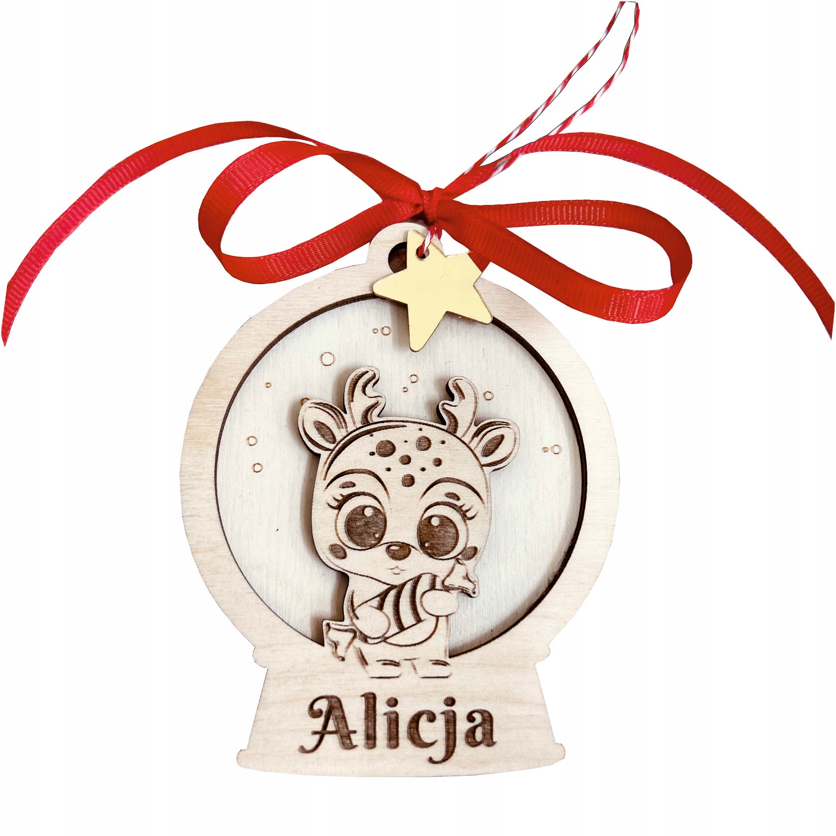 Drewniana okrągła bombka z jelonkiem