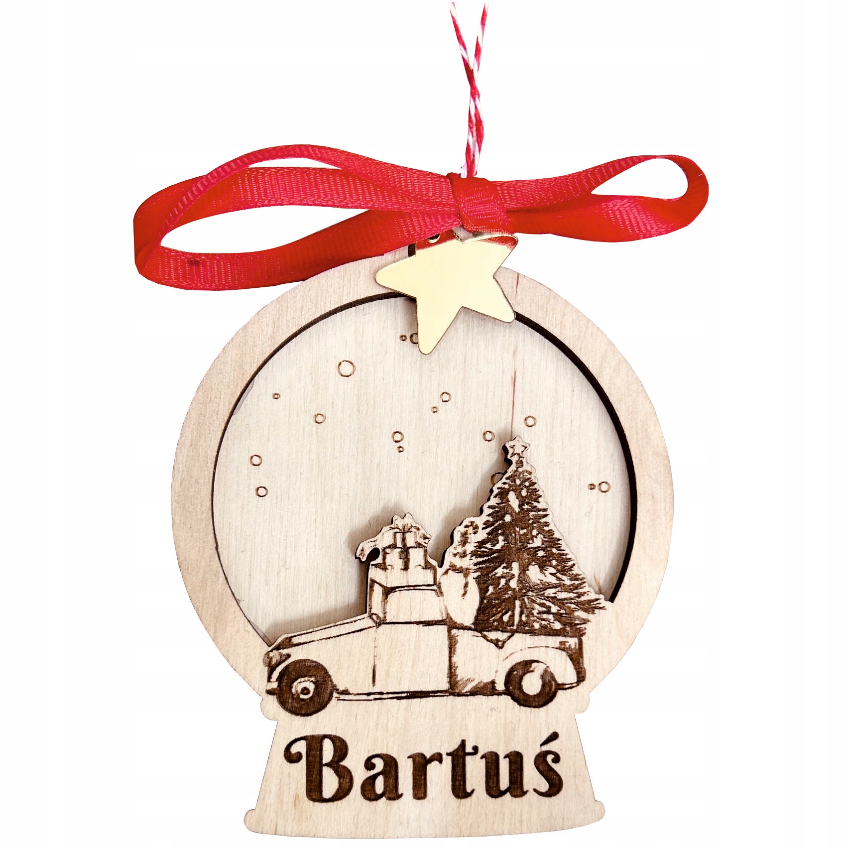 Drewniana okrągła bombka z autem
