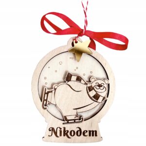 Drewniana okrągła bombka z misiem