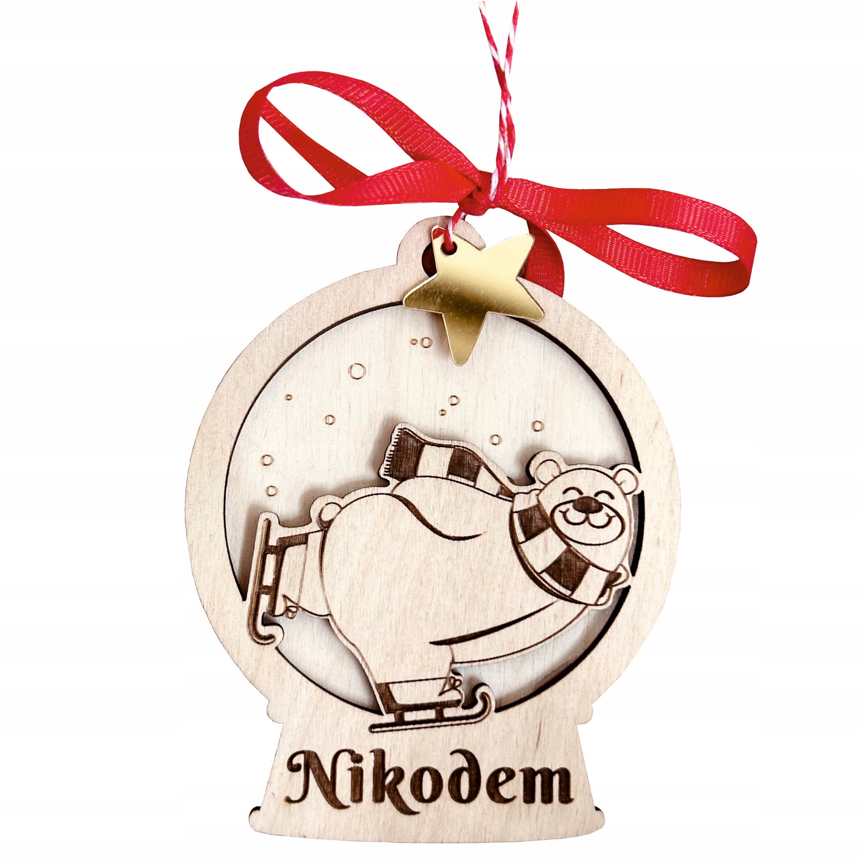 Drewniana okrągła bombka z misiem