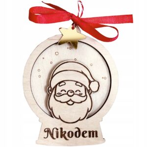 Drewniana okrągła bombka z mikołajem