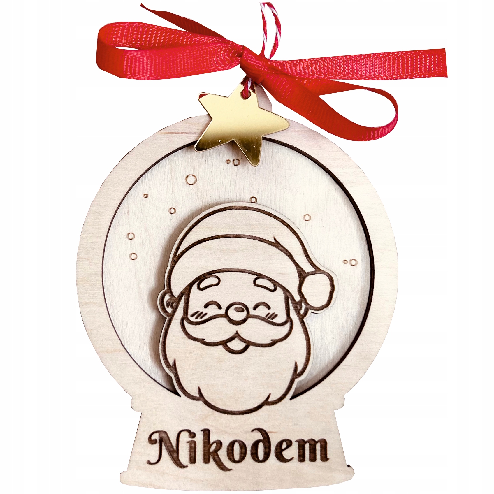 Drewniana okrągła bombka z mikołajem