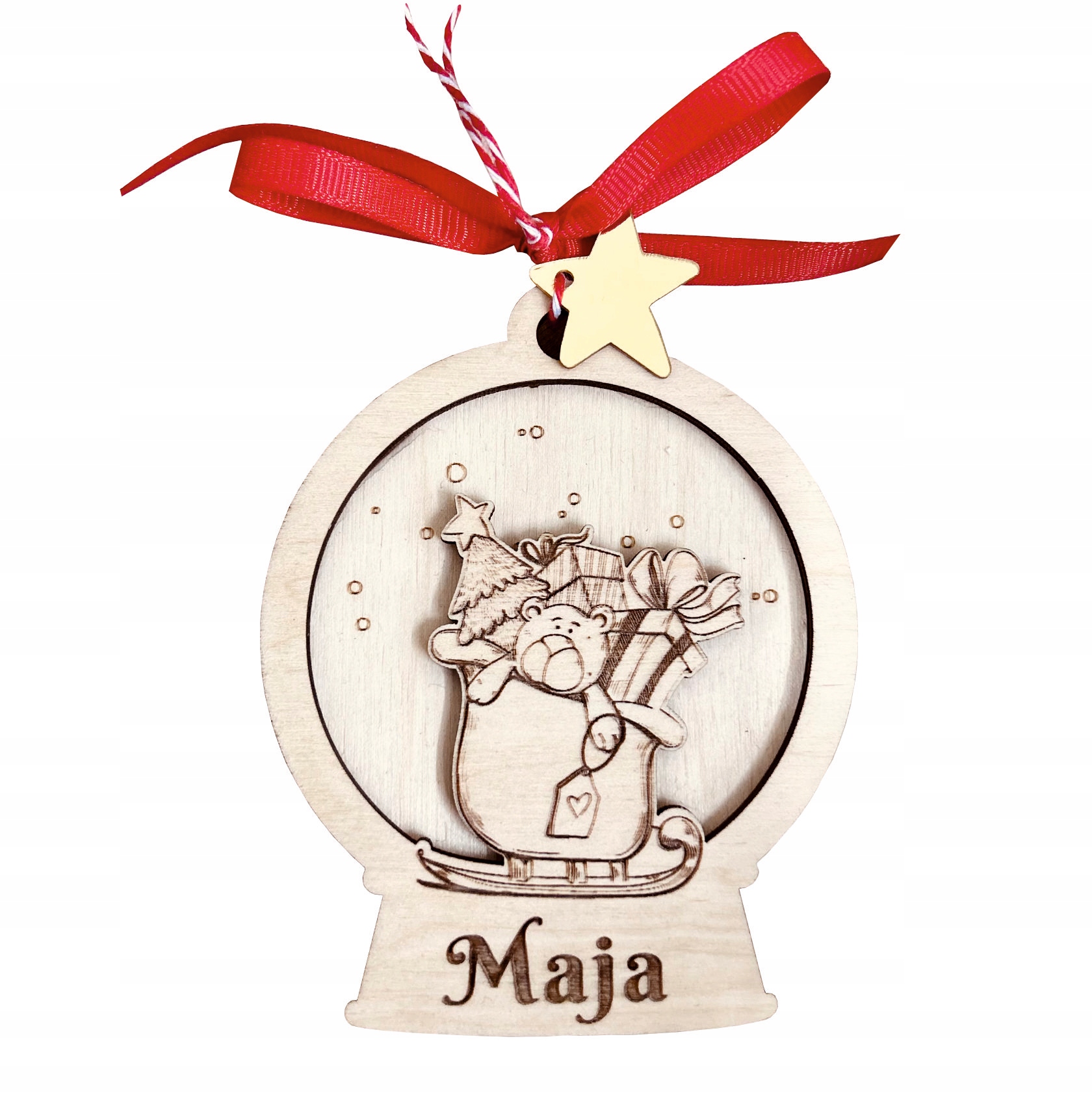 Drewniana okrągła bombka z sankami