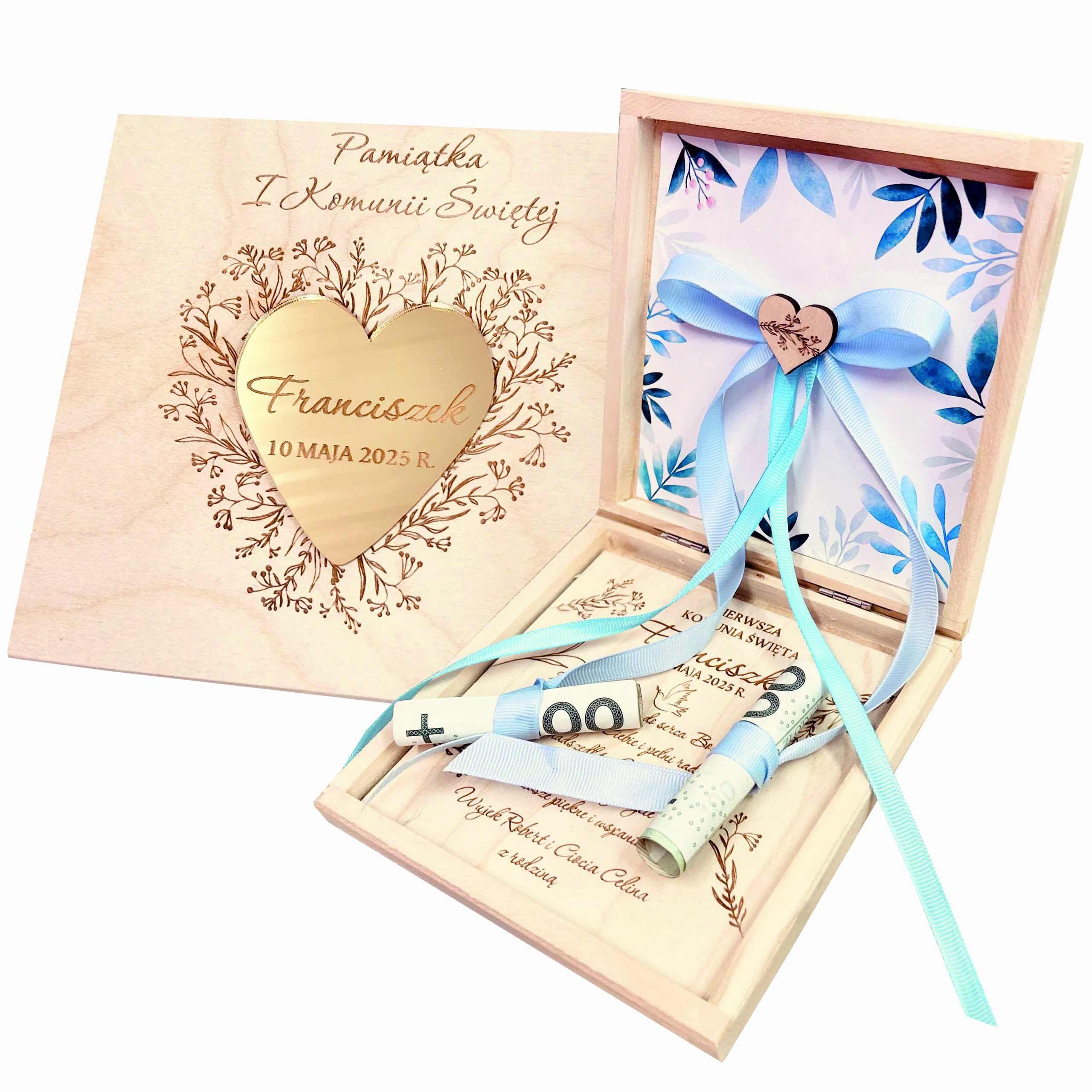Drewniane pudełko na komunię dla chłopca
