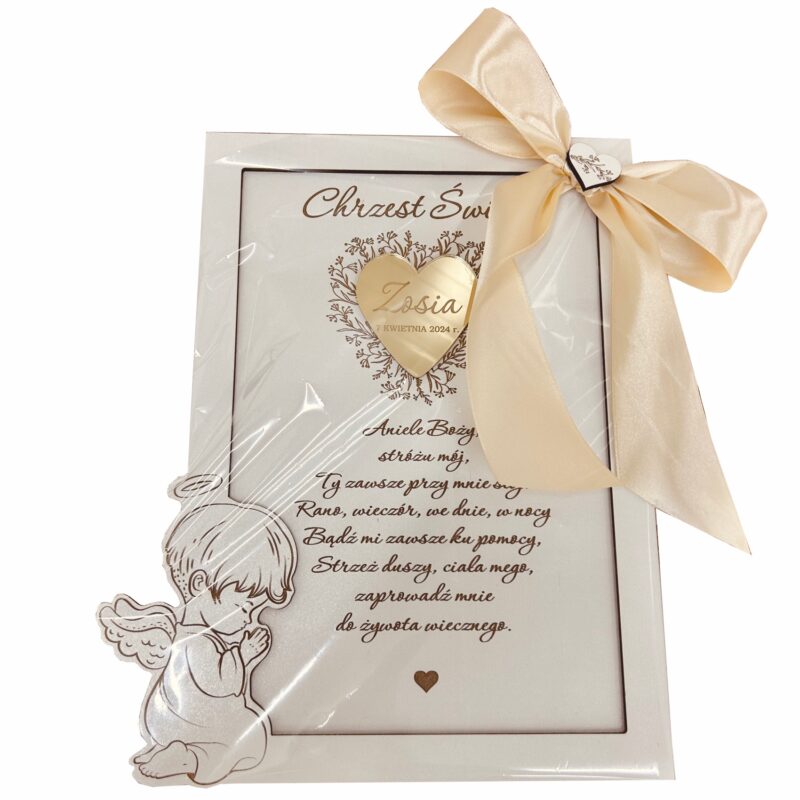 Obrazek z Aniołkiem, modlitwą i złotym sercem z grawerem