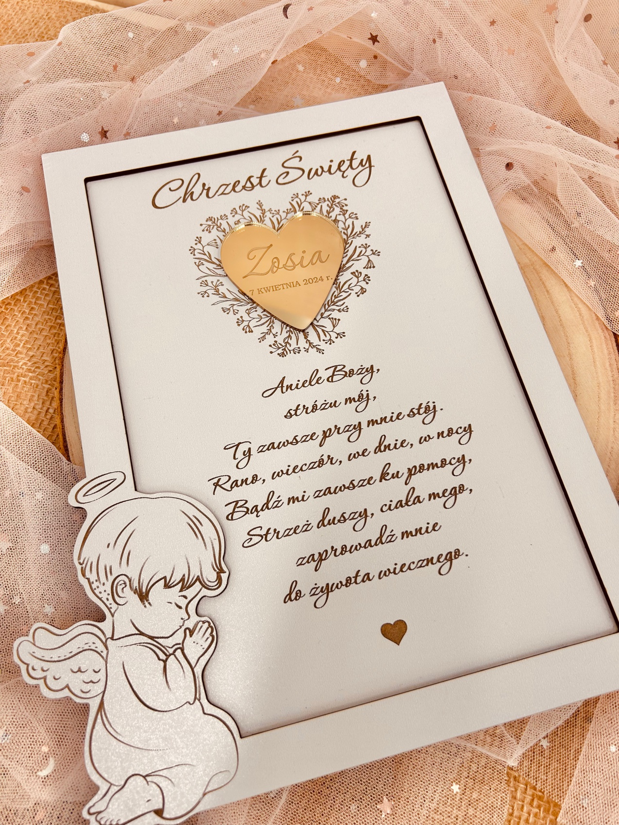 Obrazek z Aniołkiem, modlitwą i złotym sercem z grawerem