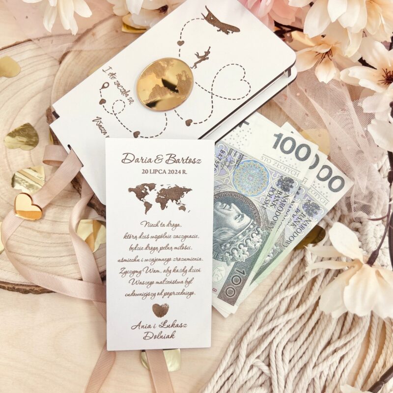 pds23 Białe pudełko na pieniądze z złotym globusem