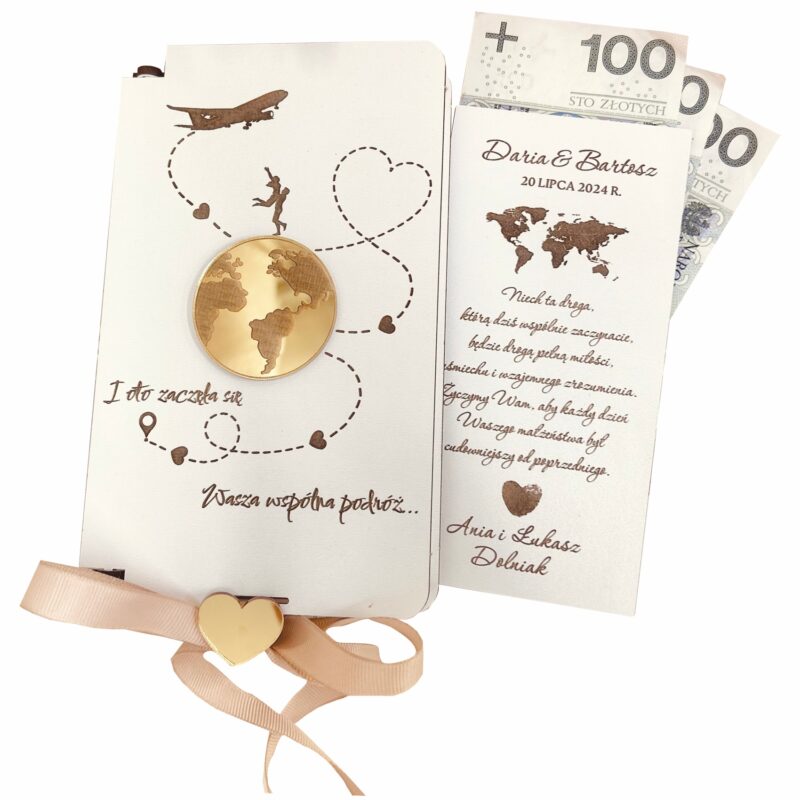 Białe pudełko na pieniądze z złotym globusem