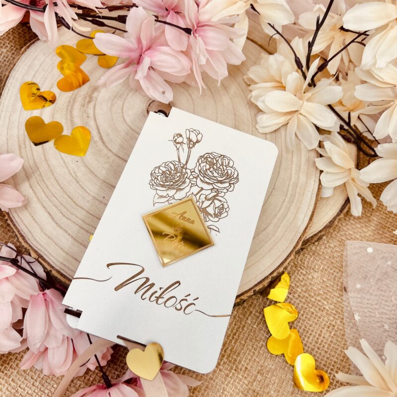 pds61s Białe pudełko na pieniądze ze złotym kwadratem i kwiatami