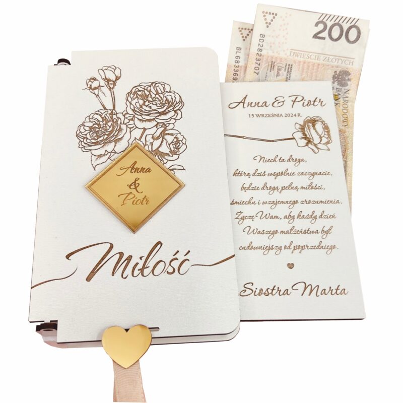 Białe pudełko na pieniądze ze złotym kwadratem i kwiatami