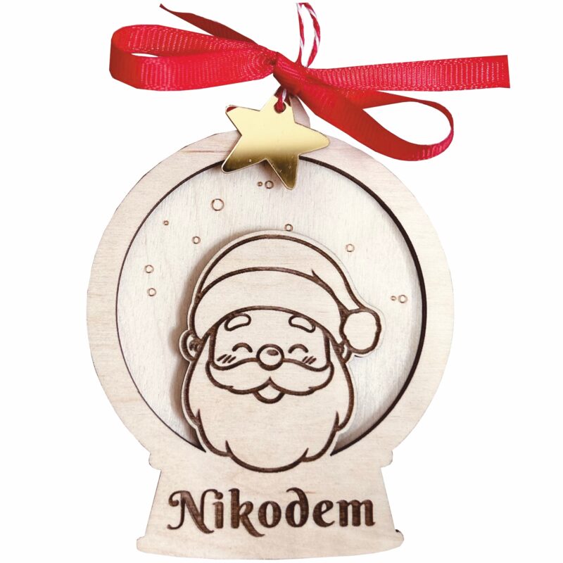 Drewniana okrągła bombka z mikołajem