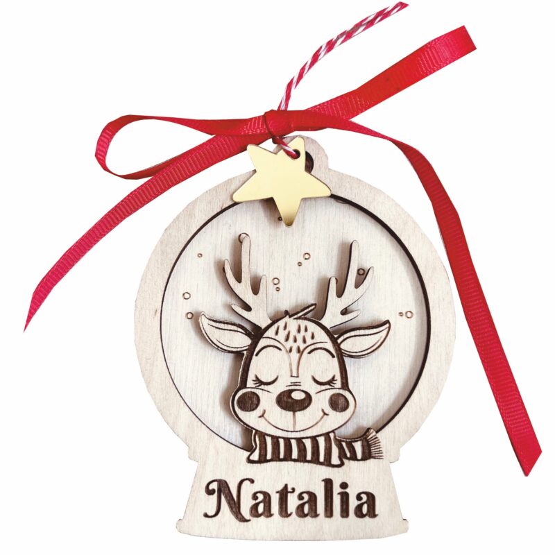 Drewniana okrągła bombka z sarenką