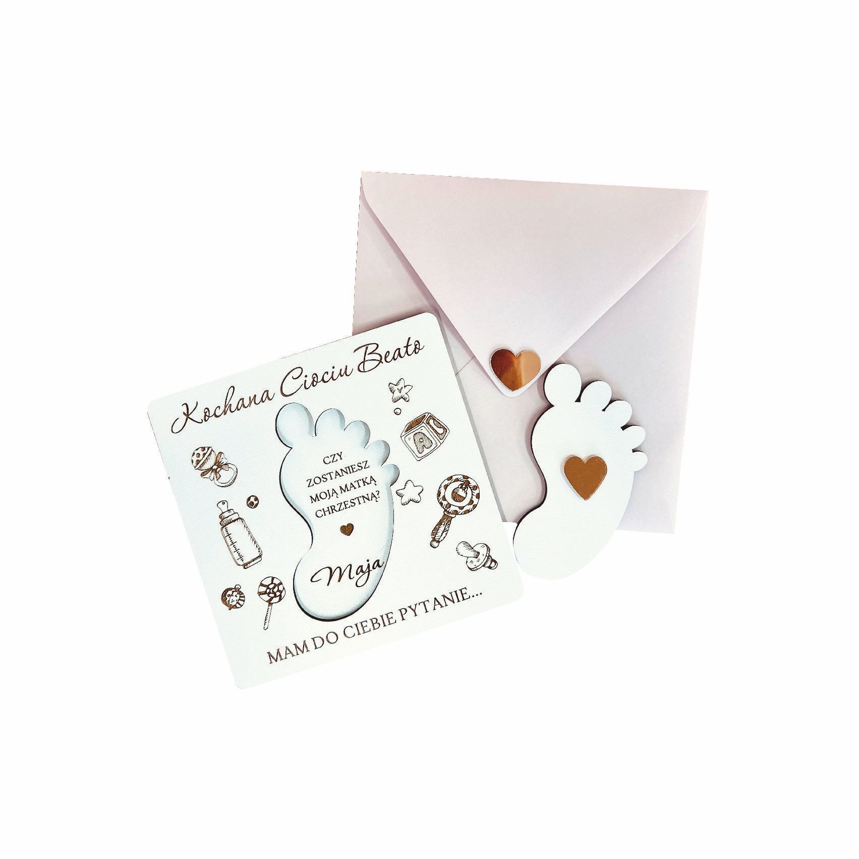 Biała prośba o bycie chrzestnym z stópką.