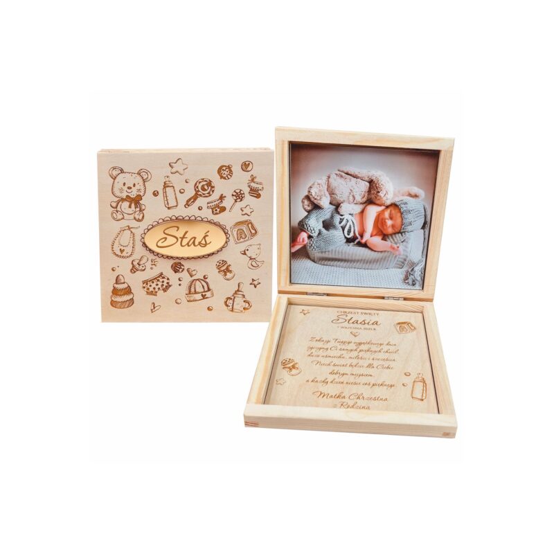 Drewniane pudełko na pieniądze ze zdjęciem dziecka.