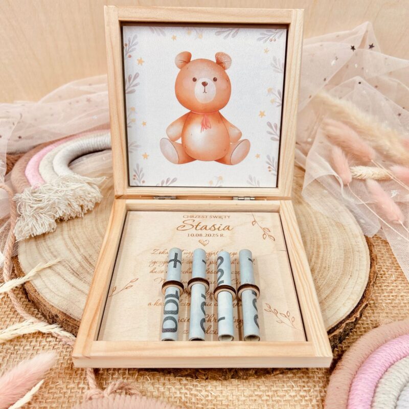 Drewniane pudełko na pieniądze z stópkami