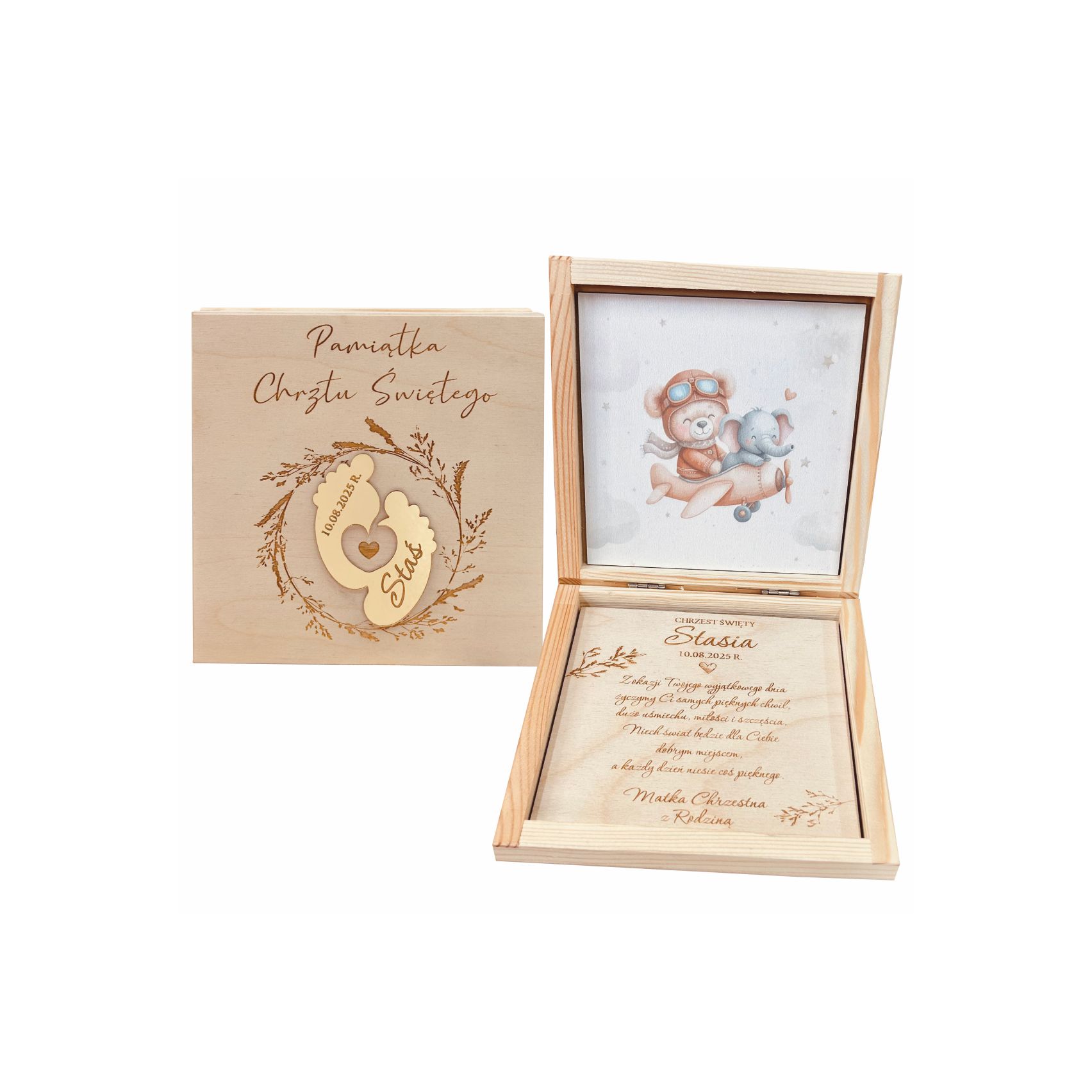 Drewniane pudełko na pieniądze z samolotem i misiem.