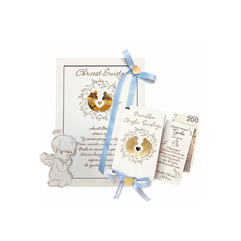 Zestaw pamiątek na chrzest obrazek i pudełko.