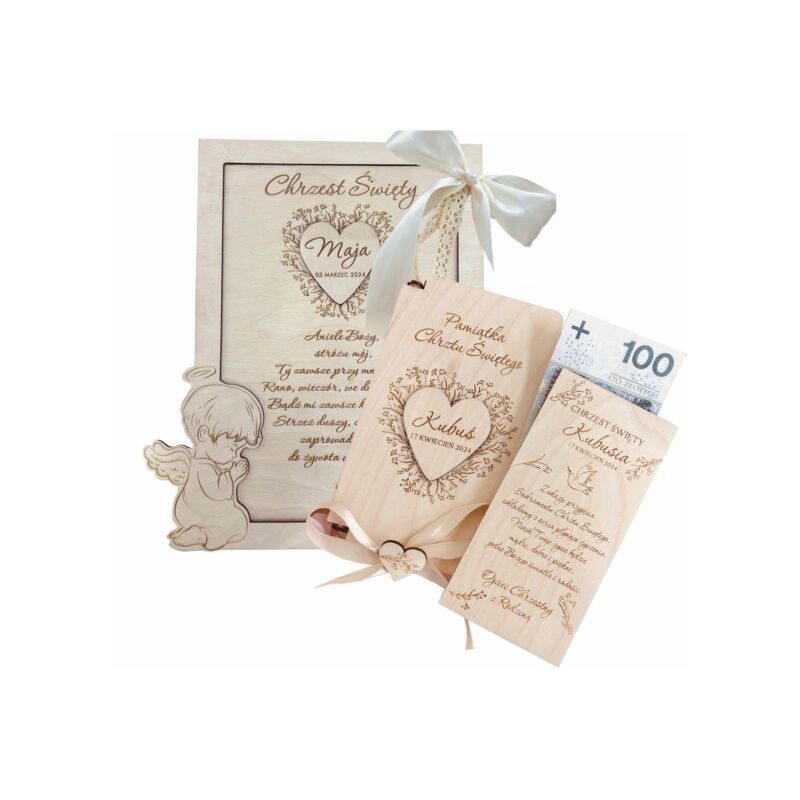 Zestaw pamiątek na chrzest z sklejki obrazek i pudełko.